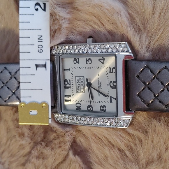 Vintage Wayne Clark Quartz Square Face Watch with Crystals and Leather Strap - Picture 10 of 13